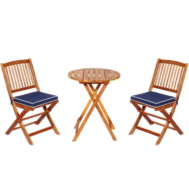 3-osaline terrassimööbli komplekt ümmarguse laua, 2 tooli ja 2 padjaga, ergonoomiline istumiskomplekt, sinine