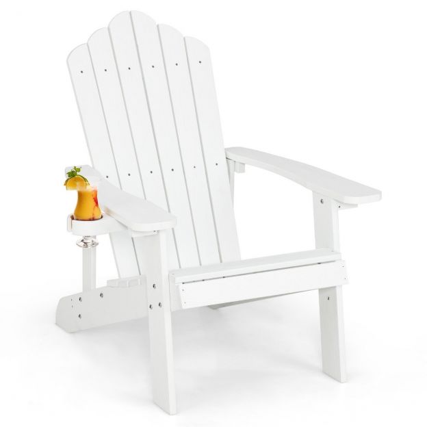 Valge Adirondack aiatool joogitopsihoidjaga