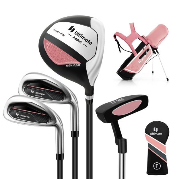 4-osaline laste golfikeppide komplekt koos golfikoti ja vihmakaitsega 5–7-aastastele lastele, roosa