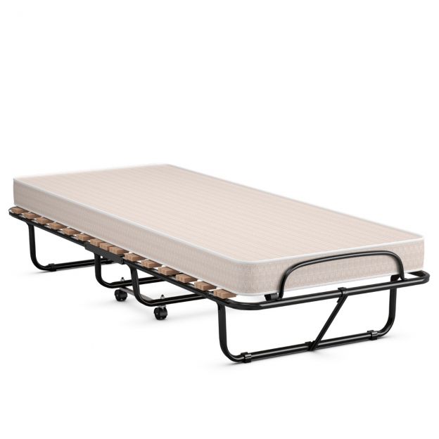 Ratastel kaasaskantav külalistevoodi mäluvahumadratsiga 80 x 190 x 33 cm, helebeež, valmistatud Itaalias, päritolu: Itaalia