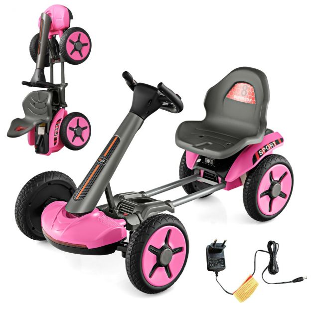 12V laste elektrigokart LED-idega ja kaheastmeliselt reguleeritava rooliga ning roosade istmetuledega