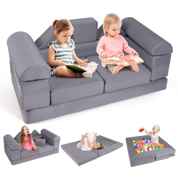 Modulaarne lastesofa, 9-osaline mängusofa vahtplokkidest, mugava seemisnahkse kangaga, hall