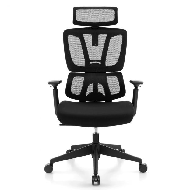 Ergonoomiline kontoritool N-kujulise nimmepiirkonna toega, pöörlev kirjutuslauatool, must