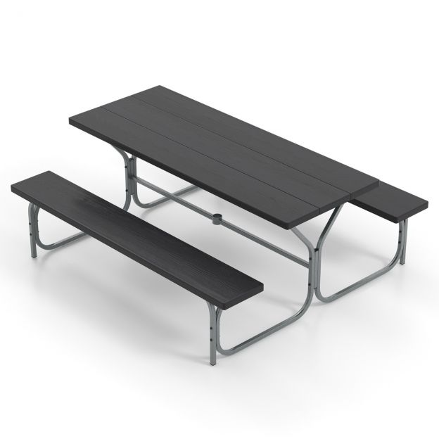 Õllelauakomplekt ilmastikukindla HDPE lauaplaadi ja varjuauguga, 183 cm, must
