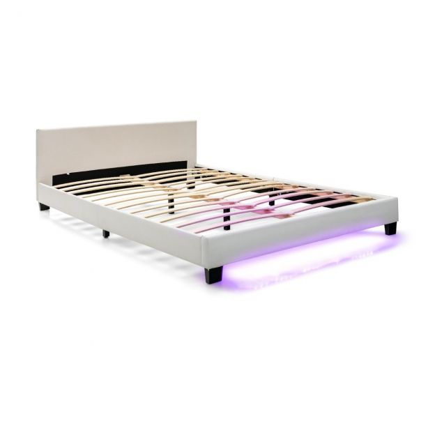 Polstervoodi 140 x 200 cm, moodne voodiraam 16 värvilise LED-valgusega, valge