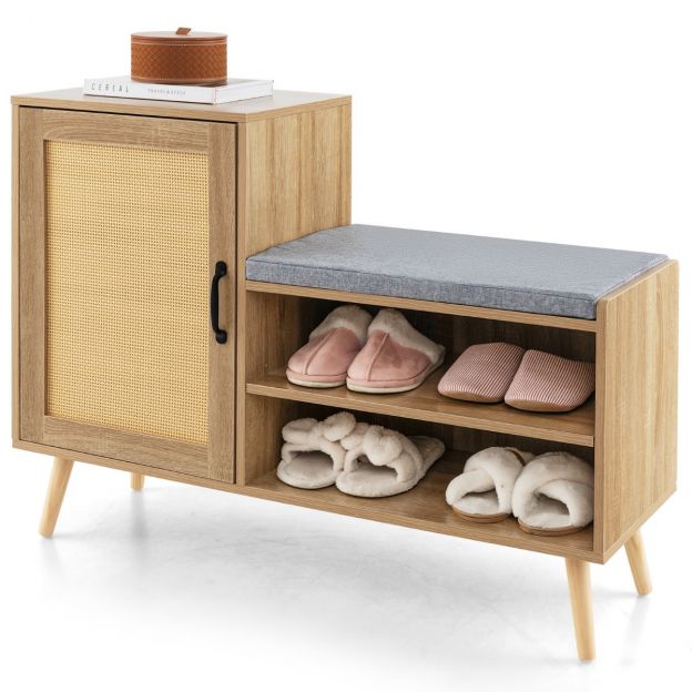 Rattanist kingakapp pingiga, 2-ühes kingavahetuspink 3 reguleeritava riiuliga, 105 × 35 × 76 cm, naturaalne