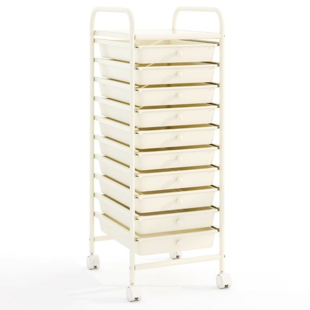 Riiulikäru Ratastega Kapp Abilaud 10 Sahtliga 33 x 37 x 86 cm Valge