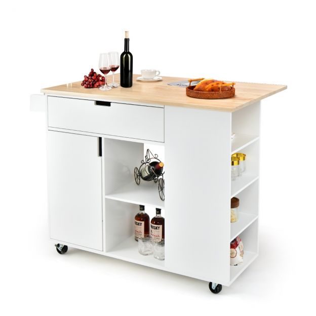 Ratastega köögisaar väljatõmmatava tööpinnaga 124 x 76 x 92 cm valge