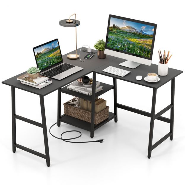 L-kujuline nurgakirjutuslaud pistikupesade ja USB-portidega, 120 × 120 × 75 cm, must