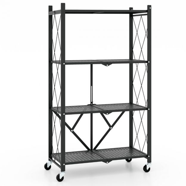Kokkupandav raskekandevõimega 4-astmeline põrandariiul lukustatavate ratastega, must, 71 x 34 x 126 cm