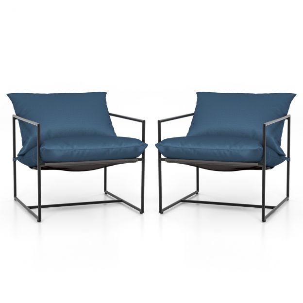 2-osaline sling-aktsenttooli komplekt istme- ja seljatoepadja ning metallraamiga, ergonoomiline lounge-tool, tumesinine