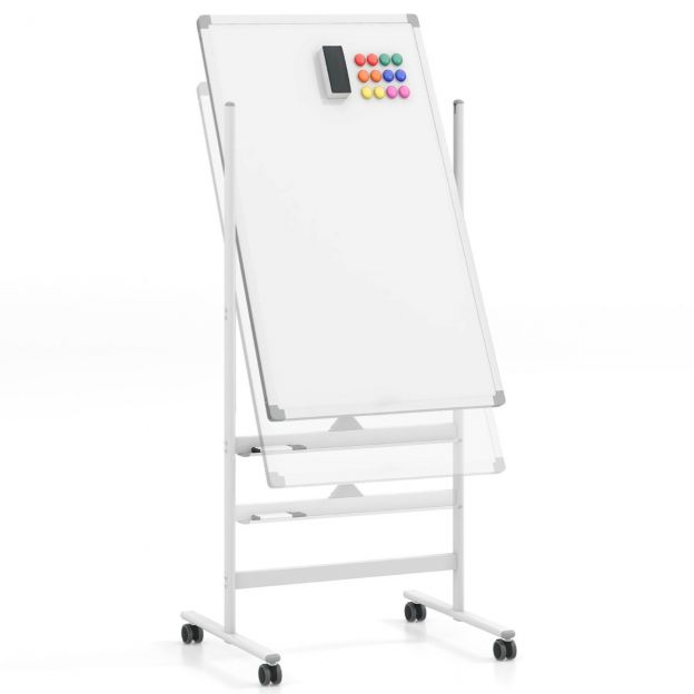 60 x 100 cm kahepoolselt magnetiline valgetahvel ratastel koos aluse ja markeririiuliga valge