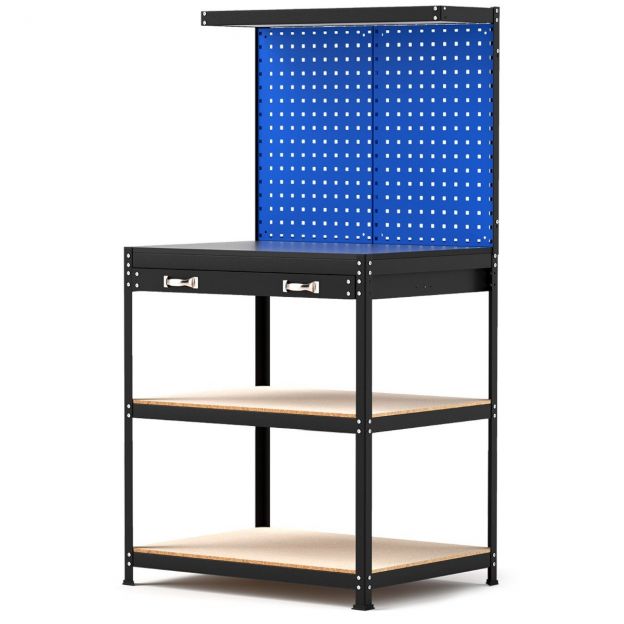 Tööpink 81 × 41 cm, kandevõime 225 kg, töölaud perforeeritud seinapaneeli, sahtlite ja riiulitega, sinine