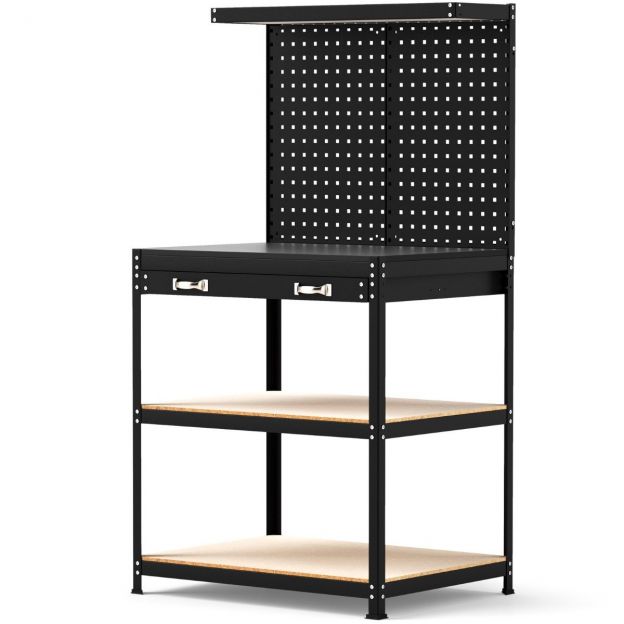 Tööpink 81 × 41 cm, kandevõime 225 kg, töölaud perfoseina, sahtlite ja riiulitega, must