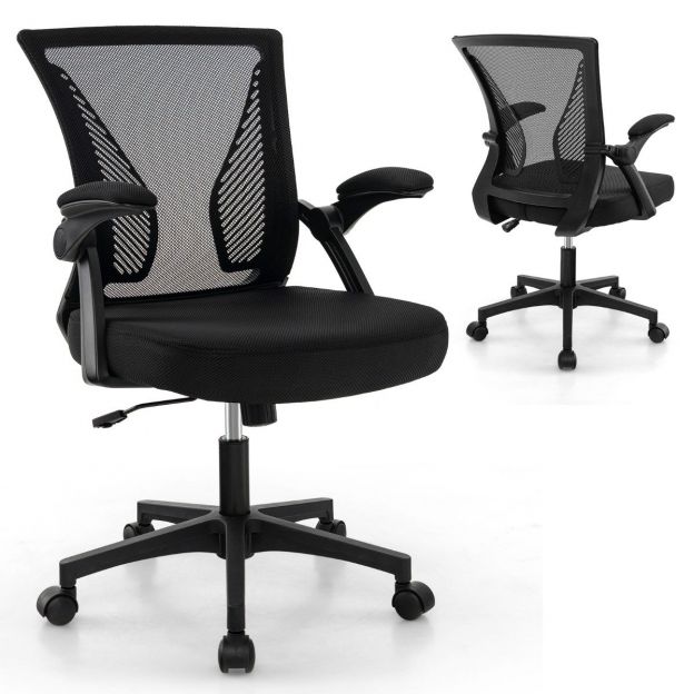 Ergonoomiline kontoritool kokkuklapitavate käetugedega, keskmise seljatoega kirjutuslauatool, 57 × 63 × 90–100 cm, must