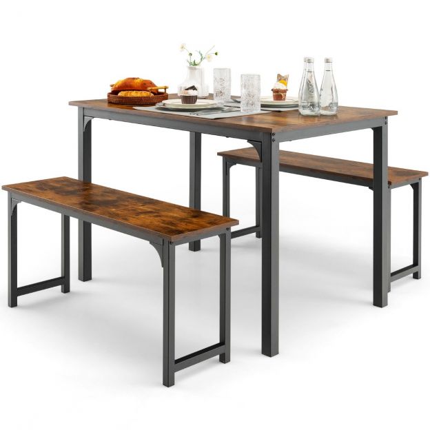 Söögilaud 2 pingiga, 3-osaline söögikomplekt, 110 × 70 cm, köögilaud 4 inimesele, kohv + must