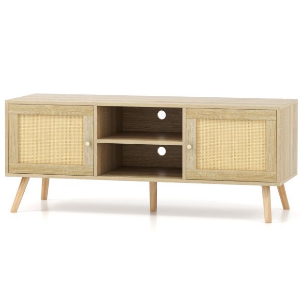 Rattanist TV-kapp 2 ukse ja avatud riiulitega kuni 55-tollisele telerile, mõõtmetega 120 × 40 × 48,5 cm