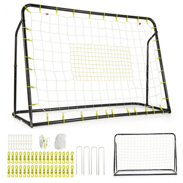 2-ühes jalgpallivärav ja tagasipõrkeseade, jalgpalliväravad 187 × 60 × 102–122,5 cm, laste jalgpallivärava komplekt, reguleeritava kõrgusega, must