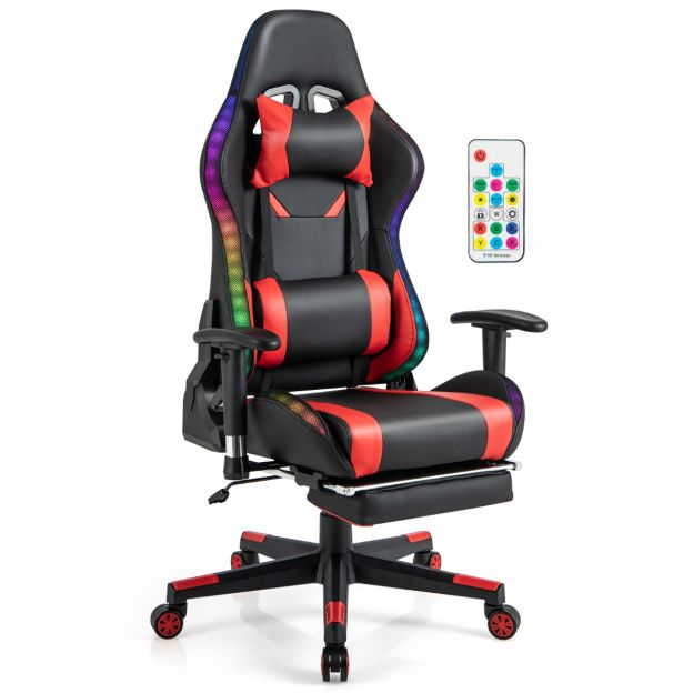 Mänguritool RGB-LED valgustusega ja väljatõmmatava jalatoega, ergonoomiline punane kontoritool