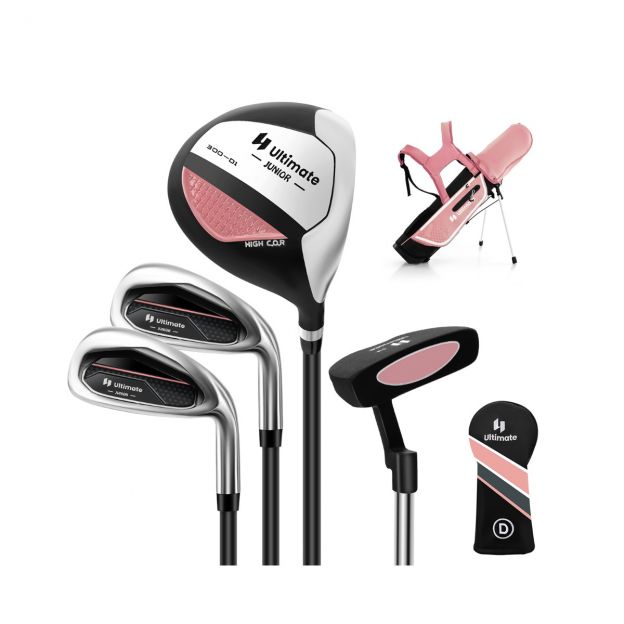 4-osaline laste golfikeppide komplekt golfikoti ja vihmakattega 8–10-aastastele lastele, roosa