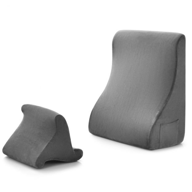 Kiilupadja komplekt – ergonoomiline seljapadi küljetaskute ja pestava kattega, kaelatoepadi, 47,5 × 23,5 × 54 cm, hall