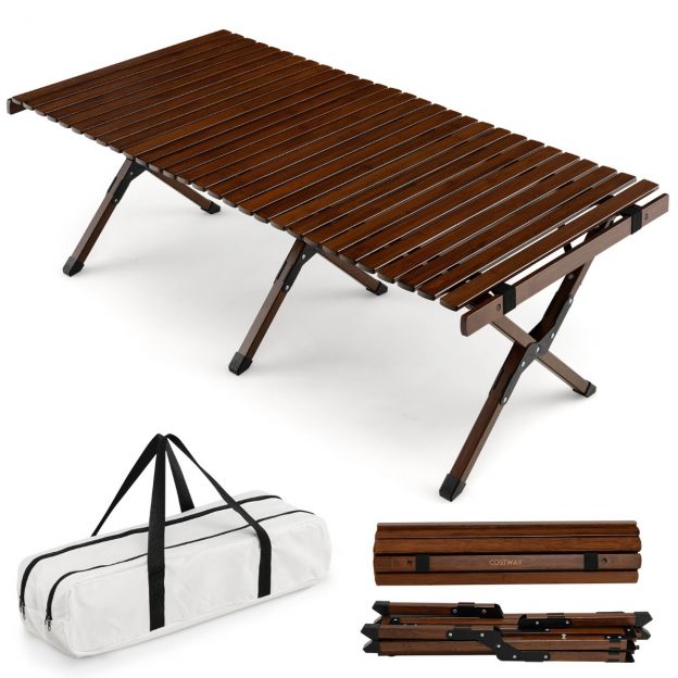 Matkalaud, kokkupandav piknikulaud kandekotiga, kokkurullitav bambuslaud 122 x 60 x 43,5 cm kohv