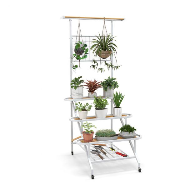 Metallist ronitaimevõrega taimealus, ratastel lilletrepp, mitmeotstarbeline riiul 80 × 85 × 175 cm, valge