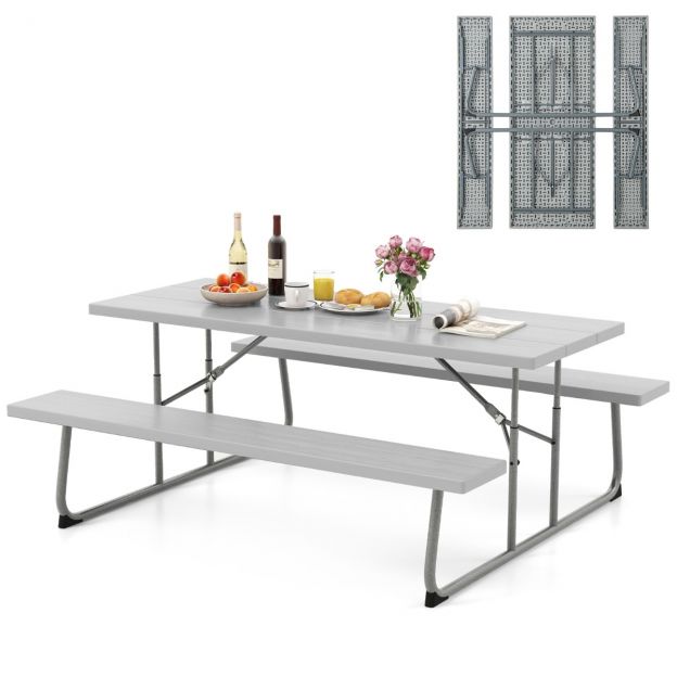 Kokkupandav piknikulaud 2 pingiga, 183 cm, hall metallraamiga matkalaudade komplekt