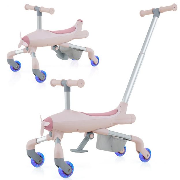 2-in-1 lükatav auto lastele lennukimotiiviga, LED-valgustusega ratastega, kuni 50 kg kandevõimega, roosa