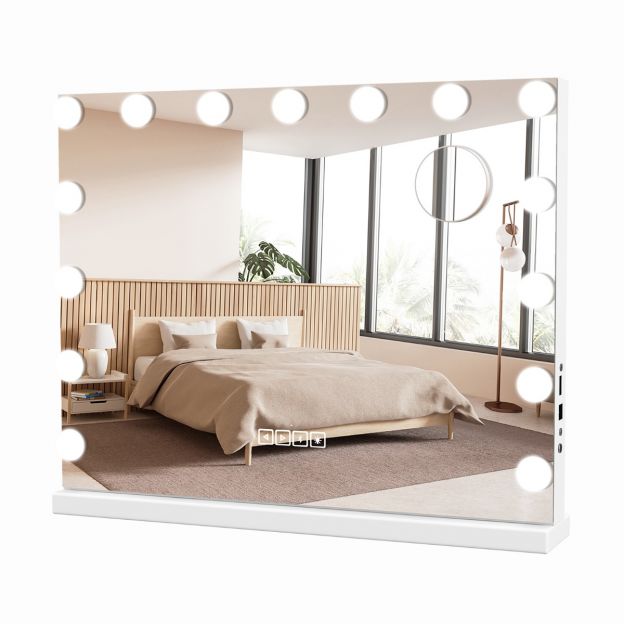 Hollywoodi peegel valgustusega, USB-laadimispordi ja Bluetooth-kõlariga kosmeetiline peegel magamistuppa, 58 x 46 cm, valge