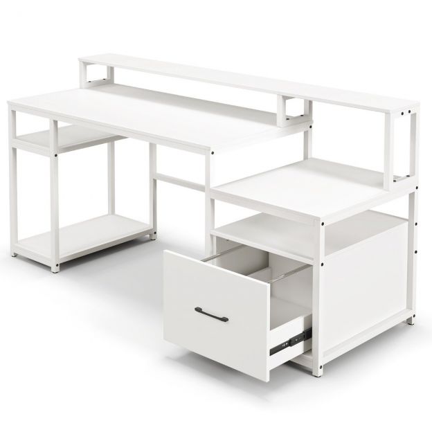 Kirjutuslaud monitorialuse, printerialuse, CPU-aluse ja dokumendikapiga 168 × 69 × 89 cm valge
