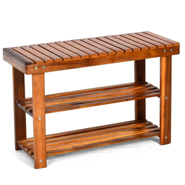 Jalatsiriiul istumispingiga ja 2 riiuliga, puidust kingariiul 70 × 28 × 45 cm
