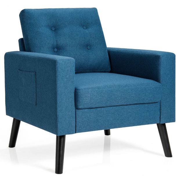 Tugitool 2 küljetaskuga kõrge seljatoega tugitool käetugede ja seljapadjaga 75 × 81 × 86 cm, sinine, istmesügavus 53 cm