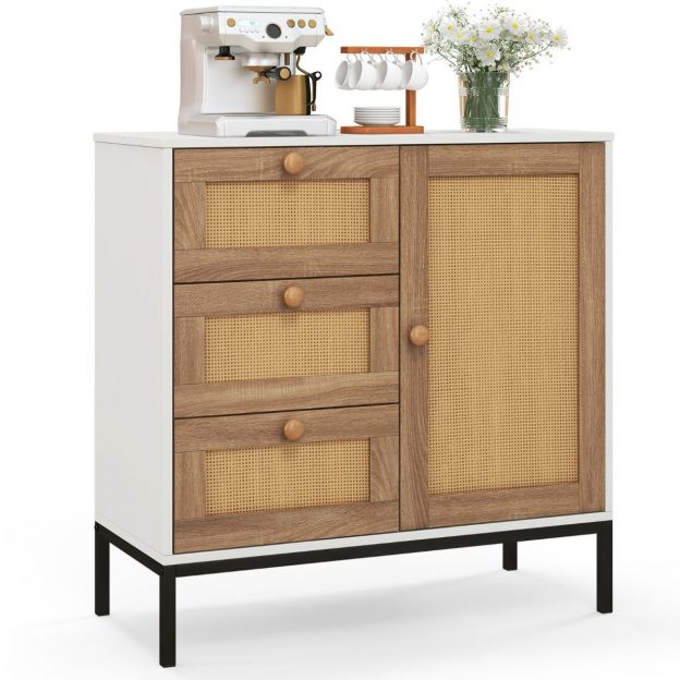 Rattan-kummut ühe ukse ja kolme sahtliga, köögikapp 80 × 35 × 80,5 cm valge + naturaalne