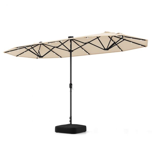 400 x 200 cm topelt päikesevari alusega & LED-tuled & vändaga UPF 50+ aiavari beež