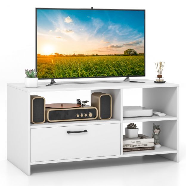 TV alus, telerikapp avatud riiulite ja sahtliga 104,5 × 51,5 × 52 cm valge