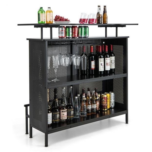 Köögi baarilaud 2 veiniriiuli ja 6 klaasihoidjaga ning reguleeritavate jalgadega, 120 × 50 × 106,5 cm, must
