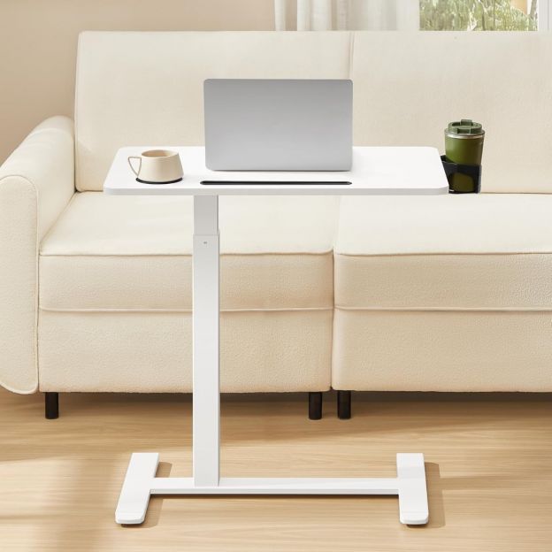 Abilaud reguleeritava kõrgusega ratastega, 70 x 40 cm lauaplaat, 2 topsihoidjat, pesa mobiiltelefonile või tahvelarvutile, pilvevalge