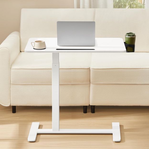 Abilaud reguleeritava kõrgusega ratastega, 80 x 45 cm lauaplaat, 2 topsihoidjat, pesa mobiiltelefonile või tahvelarvutile, pilvevalge