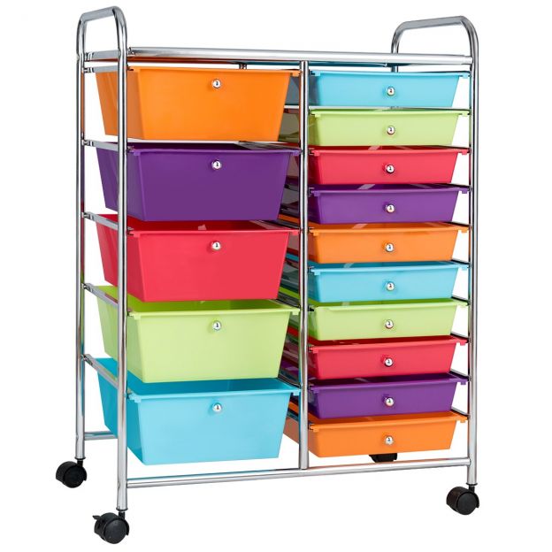Ratastel käru 15 virnastatava sahtliga rullkonteiner abikäru värviline/kollane 62,5 x 37 x 87 cm – värviline