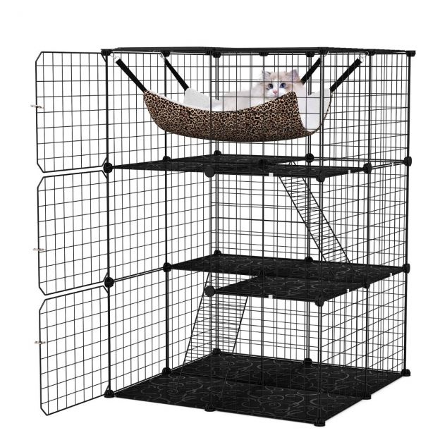 Kassipuur 3-korruseline suur kassiaedik rippvoodiga 2 redelit 3 ust & katuseaken 74 x 74 x 107 cm