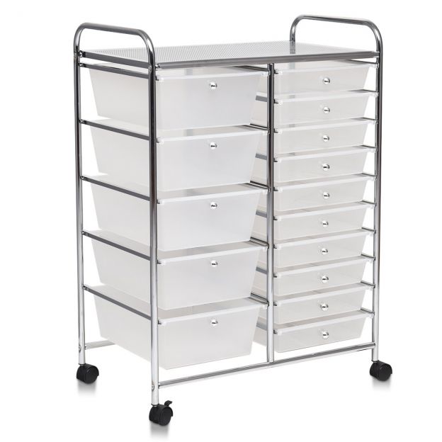 Ratastel käru 15 virnastatava sahtliga, rullkonteiner, abikäru 15 sahtliga, värviline/must, 63 x 37 x 87 cm – läbipaistev