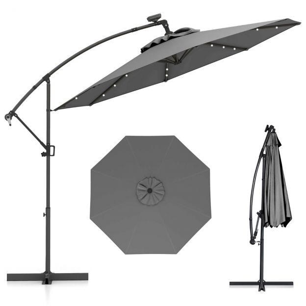 300 cm päikesevari 32 päikese-LED valgusti ja vändaga aiavari turuvari hall